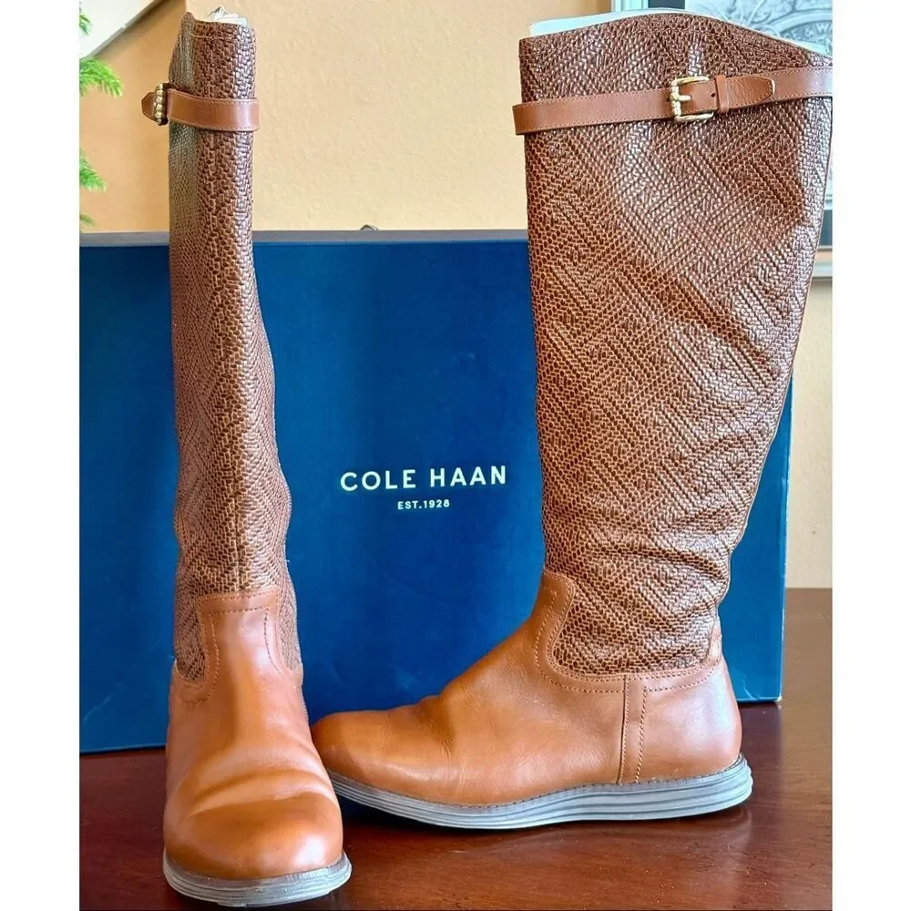 COLE HAAN - L Sz 6B Original Grand OS Woodbury-Weave Leather Tall Boots/Cognac